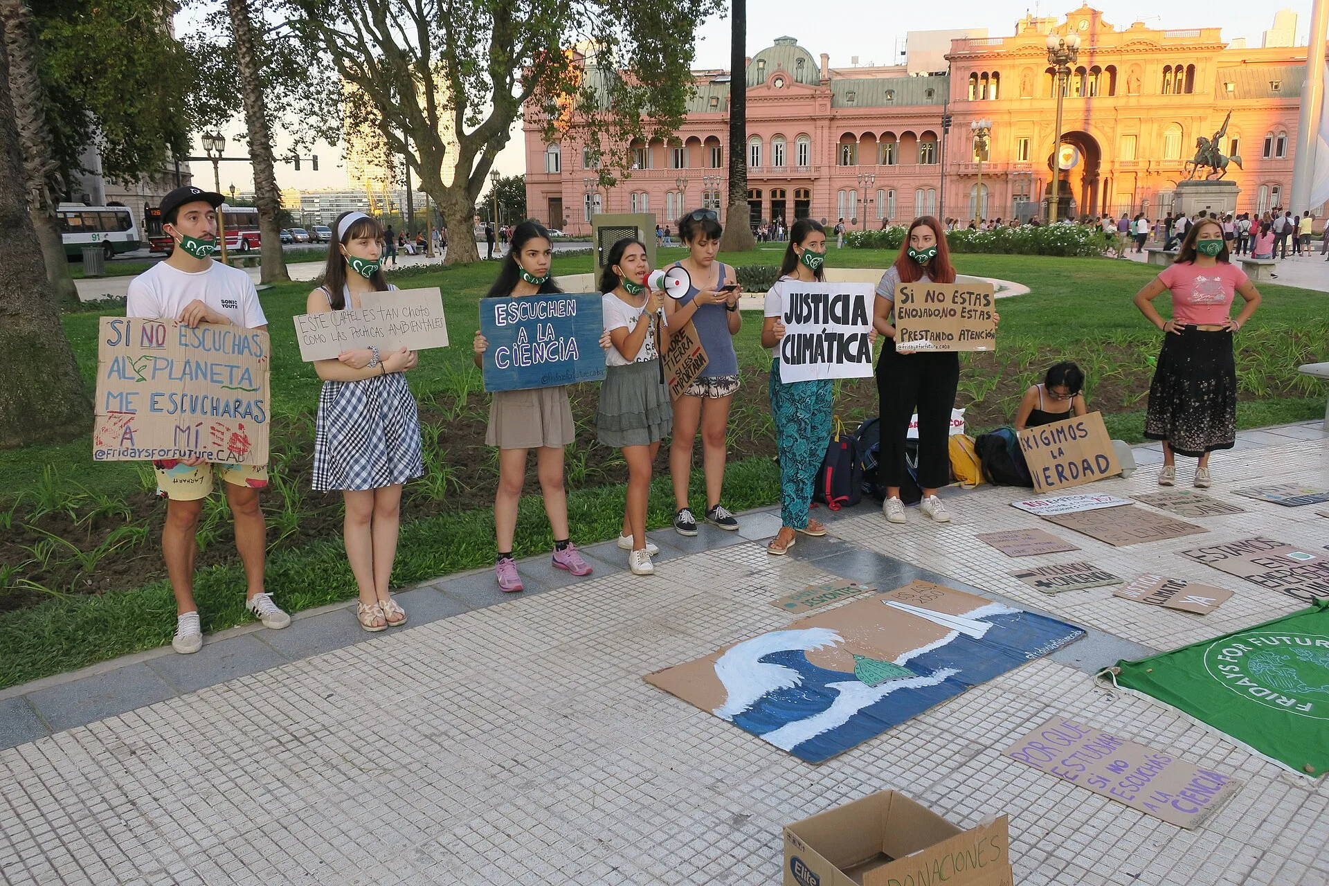 Climate activists demonstrate on a Friday afternoon at Plaza de Mayo, Buenos Aires, Argentina.